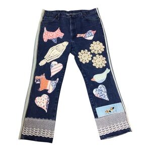 Upcycled Wrangler OOAK Jeans 38X29 Crochet Vintage Quilt Patches